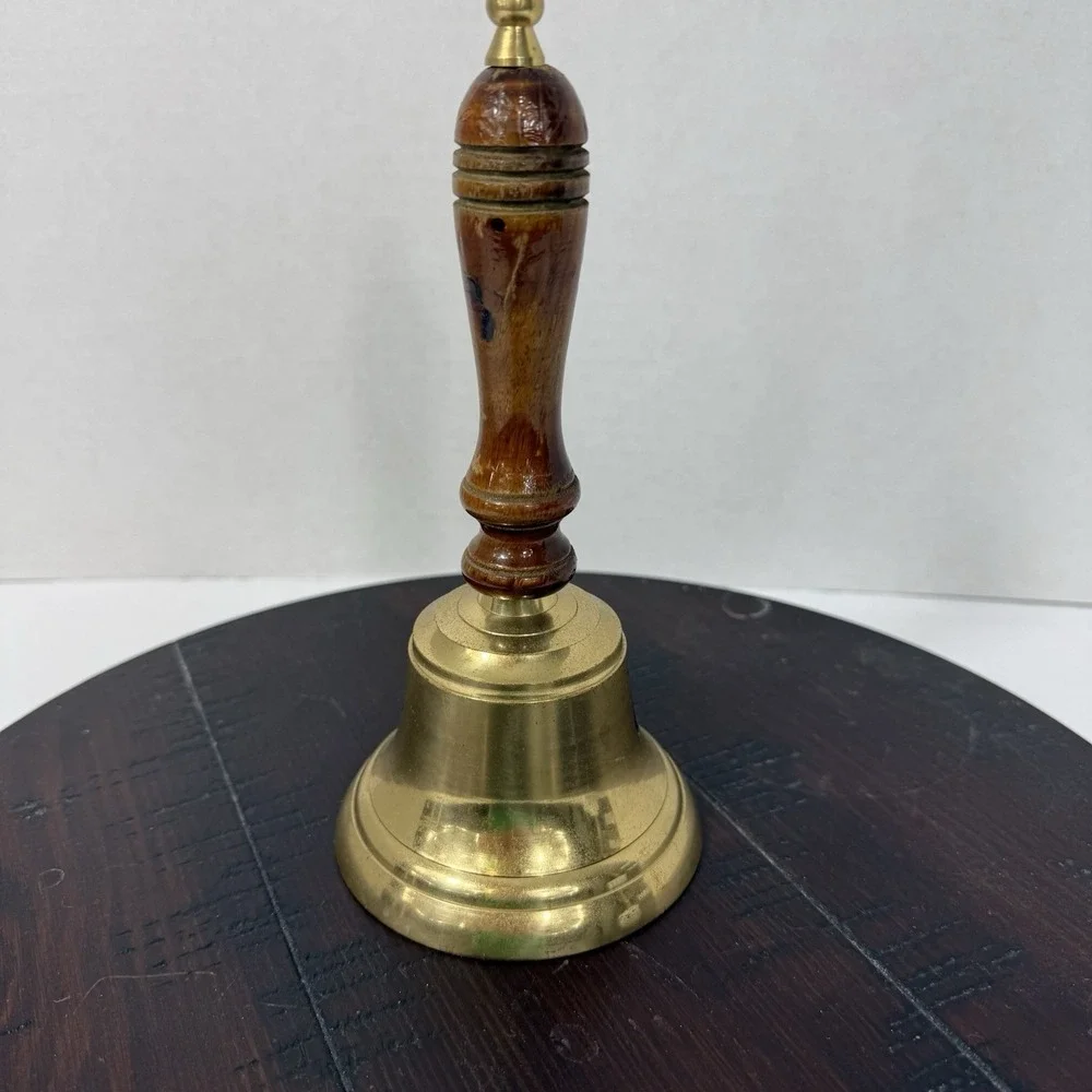 Vintage Captain's Table Brass Hand Bell with Wood Handle 8.25